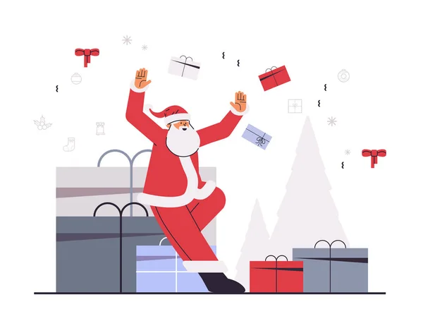 Weihnachtsmann Mit Verpackten Geschenken Die Sich Auf Die Weihnachtsfeiertage Vorbereiten — Stockvektor