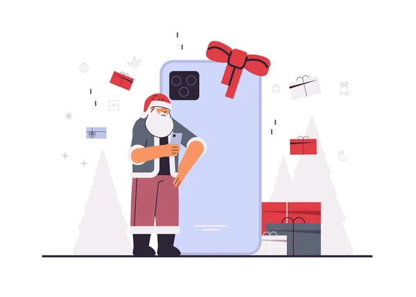 Santa Claus Χρησιμοποιώντας Smartphone Πρωτοχρονιά Χριστούγεννα Εορτασμός Έννοια Οριζόντια Διανυσματική — Διανυσματικό Αρχείο