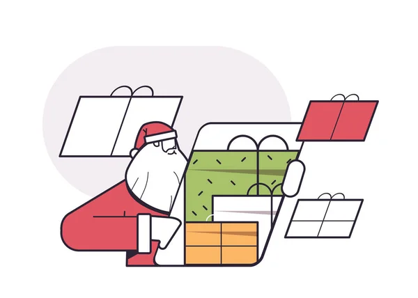 Weihnachtsmann Mit Smartphone Mit Geschenken Auf Dem Bildschirm Frohes Neues — Stockvektor