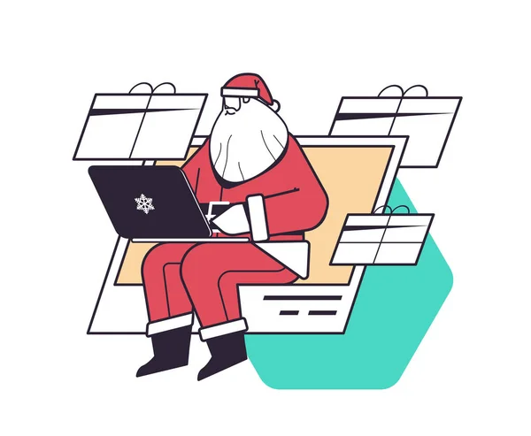 Babbo Natale Utilizzando Computer Portatile Felice Anno Nuovo Buon Natale — Vettoriale Stock