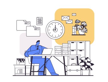 İş yerinde dizüstü bilgisayar kullanan aşırı çalışan iş adamı ofis evrak işlerinde çalışıyor son teslim tarihi kavramı yatay vektör illüstrasyonu