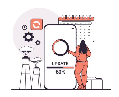 Kadın işletim sistemi güncelleme süreci akıllı telefon yatay vektör ilüstrasyonuna yeni yazılım yükle