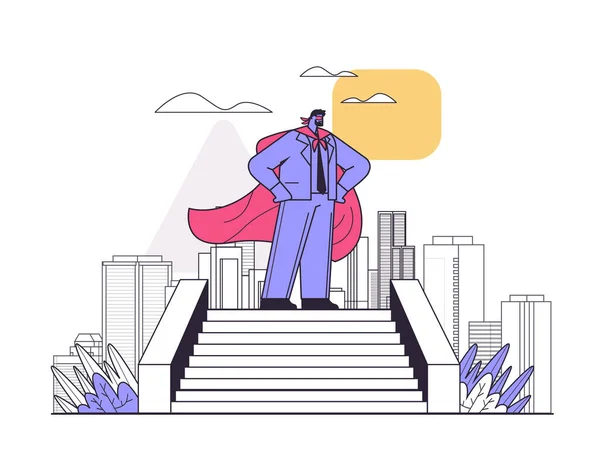 Бізнесмен Супергеройському Мисі Стоїть Сходах Успішний Бізнес План Можливості Досягнення — стоковий вектор