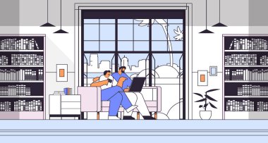 Kredi kartı kullanan genç bir çift online alışveriş konsepti kullanıyor. Erkek kadın birlikte mal sipariş ediyor. Oturma odası iç yatay vektör çizimi.