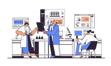 Laboratuvar doğrusal vektör illüstrasyonunda kimyasal deneyler yapan deney tüpleri araştırmacılarıyla çalışan bilim adamı ekibi.