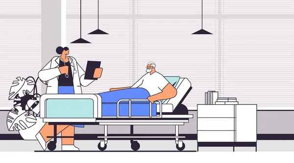 Nurse Taking Care Sick Senior Man Patient Lying Hospital Bed — Stock Vector