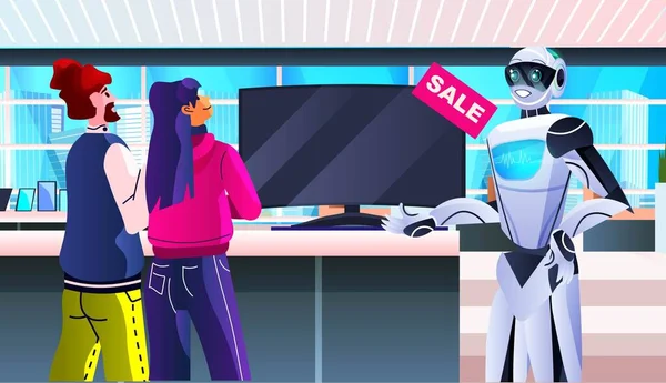 電子機器店で新しいテレビの消費者を紹介するロボット販売店デジタル機器を選ぶ大きな販売ショッピングコンセプト水平ベクトルイラスト — ストックベクタ