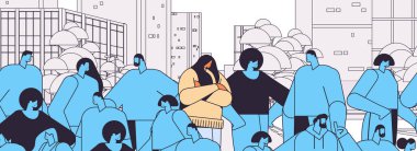 tired depressed woman standing out from crowd girl feeling desperate mental health diseases depression concept horizontal linear vector illustration