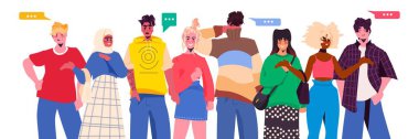 people in trendy clothes with chat bubbles standing together generation Z lifestyle concept new modern demography trend with progressive youth gen horizontal vector illustration