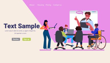 businesspeople having online conference meeting students discussing during video call generation z concept horizontal copy space vector illustration