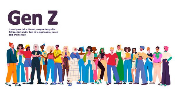 mix race people in trendy clothes standing together generation Z lifestyle concept new modern demography trend with progressive youth gen copy space horizontal vector illustration