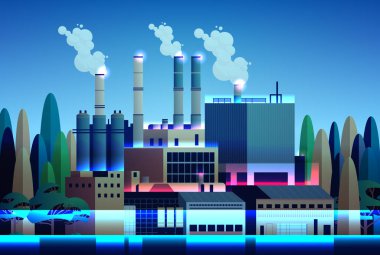 energy generation plant with chimneys electricity production industrial manufacturing building heavy industry factory with smoke from towers storage tanks reservoirs horizontal vector illustration
