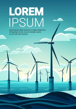 offshore wind farm with turbines in sea or ocean renewable water station energy production alternative power generation concept seascape background vertical copy space vector illustration