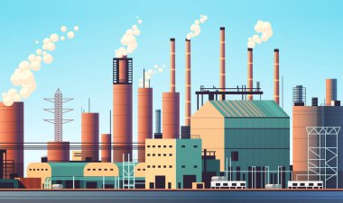 energy generation plant with chimneys electricity production industrial manufacturing building heavy industry factory with smoke from towers storage tanks reservoirs horizontal vector illustration
