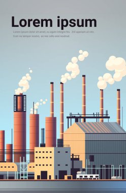 energy generation plant with chimneys electricity production industrial manufacturing building heavy industry factory with smoke from towers storage tanks reservoirs vertical copy space vector
