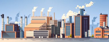 energy generation plant with chimneys electricity production industrial manufacturing building heavy industry factory with smoke from towers storage tanks reservoirs horizontal vector illustration