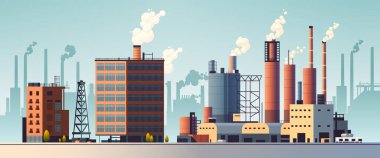 energy generation plant with chimneys electricity production industrial manufacturing building heavy industry factory with smoke from towers storage tanks reservoirs horizontal vector illustration
