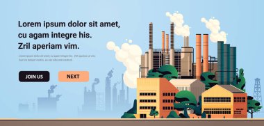 energy generation plant with chimneys electricity production industrial manufacturing building heavy industry factory with smoke from towers storage tanks reservoirs horizontal copy space vector