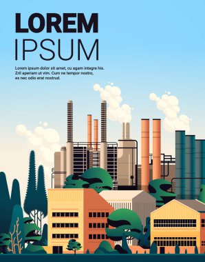 energy generation plant with chimneys electricity production industrial manufacturing building heavy industry factory with smoke from towers storage tanks reservoirs copy space vector illustration