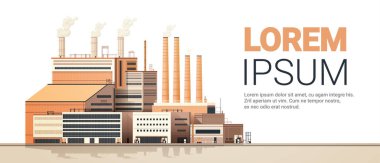 energy generation plant with chimneys electricity production industrial manufacturing building heavy industry factory with smoke from towers storage tanks reservoirs horizontal copy space vector