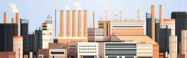 energy generation plant with chimneys electricity production industrial manufacturing building heavy industry factory with smoke from towers storage tanks reservoirs horizontal vector illustration