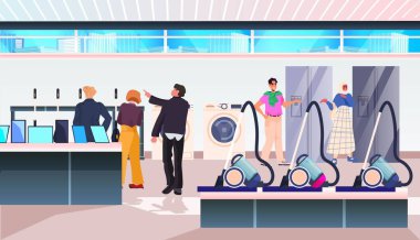 people consumers in electronics store choosing and buying home appliance products big sale shopping concept horizontal vector illustration