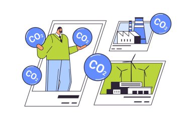 Fosil yakıtların yakılması ve dioksit hava kirliliği karbon vergisi ve CO2 emisyonları için devletin ödemesi çevresel fiyat yükü yatay vektör çizimi