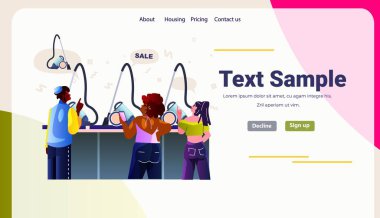 people consumers in electronics store choosing vacuum cleaners big sale shopping concept horizontal copy space vector illustration