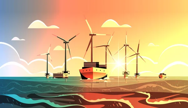 Offshore Wind Farm Turbines Ship Sea Ocean Renewable Water Station — Stockvector
