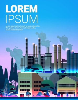 energy generation plant with chimneys electricity production industrial manufacturing building heavy industry factory with smoke from towers storage tanks reservoirs vertical vector illustration