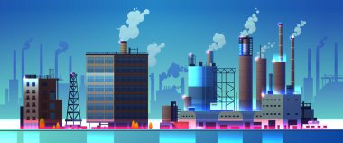 energy generation plant with chimneys electricity production industrial manufacturing building heavy industry factory with smoke from towers storage tanks reservoirs horizontal vector illustration