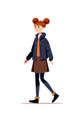 Hoş genç kız ya da sıradan moda kıyafetleri içindeki öğrenci kadın çizgi film karakteri tam boy vektör çizimi yapıyor.