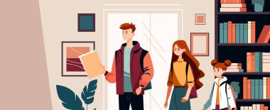 Kütüphanede ya da kitapçıda kitaplarla ya da kitaplarla eğitim kavramının yatay portre illüstrasyonuyla okuyan sıradan giyinmiş sevimli öğrenciler.