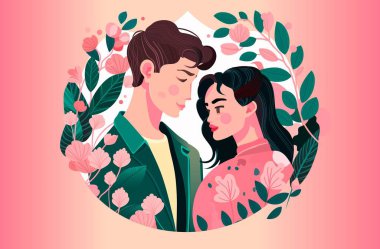 Aşık genç çift, birbirlerine bakıyorlar. Sevgililer günü kutlaması ilişkileri ve romantik randevu konsepti yatay portre çizimleri.