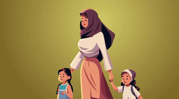 Arabisch Moeder Kleine Kinderen Lopen Samen Arabisch Moeder Nemen Dochters — Stockvector