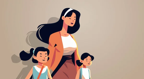 Moeder Kleine Kinderen Lopen Samen Aziatische Moeder Nemen Dochters Naar — Stockvector
