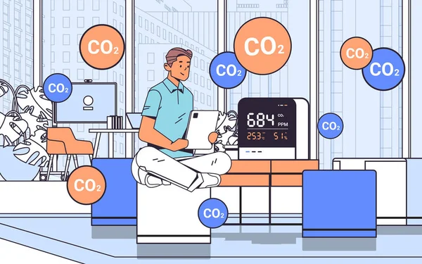 室内二酸化炭素検出器で危険なCo2制御レベルテストの存在下で空気品質モニタテストとオフィスで働くビジネスマン水平リニアベクトル図 — ストックベクタ