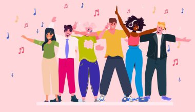 people in trendy clothes dancing and having fun together generation Z lifestyle concept new modern demography trend with progressive youth gen horizontal vector illustration