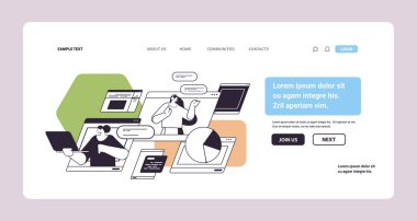 businesswomen answering messages and calls analyzing statistics diagram technical support concept horizontal copy space linear vector illustration