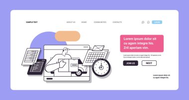 deliveryman holding cardboard box courier carrying parcel online express delivery service concept copy space horizontal linear vector illustration