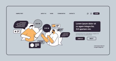 businesspeople couple with chat bubbles discussing during meeting communication concept horizontal copy space linear vector illustration