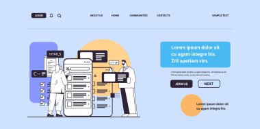 web developers couple creating program code on smartphone screen development of software and programming concept horizontal copy space linear vector illustration