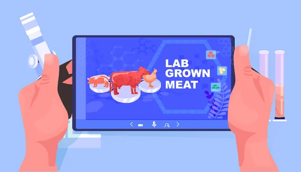 Scientist Hands Analyzing Cultured Red Raw Meat Made Different Animal — Stok Vektör