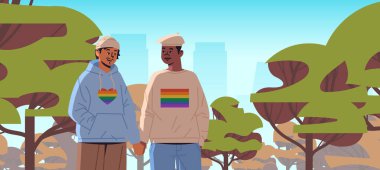 gays couple holding hands lgbt rainbow flag gay lesbian love parade pride festival transgender love generation Z concept landscape background horizontal vector illustration