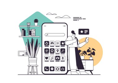 Çevrimiçi mobil uygulama sosyal medya iletişim konsepti yatay vektör illüstrasyonunu kullanan akıllı telefonu tutan kadın