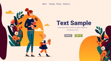 Anne, küçük çocuklarıyla yürüyor aile ebeveynliği kavramını seviyor anneler günü kartı şablonu çocuklarla vakit geçiriyor.