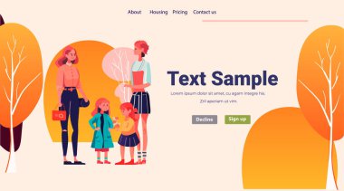 Parkta küçük kızlarıyla yürüyen kadınlar aile ebeveynliği kavramını seviyorlar anneler günü kartı, çocuklarla yatay fotokopi uzay çizimi yapan kızları gösteriyor.