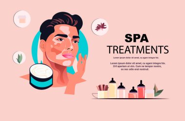 Mükemmel makyajlı yakışıklı profesyonel makyaj salonu makyaj konsepti uzay fotokopisi yatay vektör çizimi