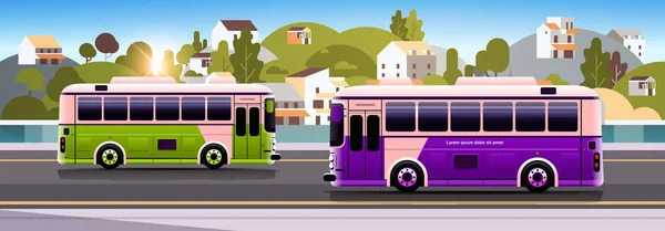 Autobuses Urbanos Vehículos Transporte Público Moderno Tráfico Urbano Rural Concepto — Vector de stock