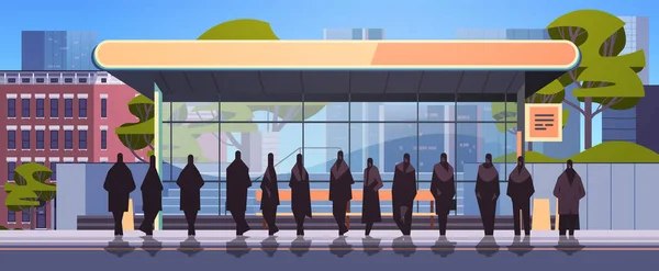 Menschen Öffentlichen Verkehrsmitteln Bushaltestelle Komfortable Bewegliche Konzept Horizontal Stadtbild Hintergrund — Stockvektor